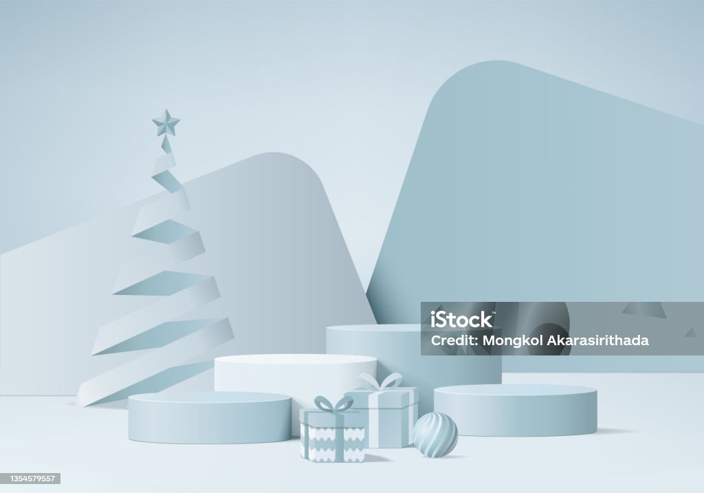 Christmas 3d minimal rendered scene with gift box and podium platform. Christmas tree background vector 3d with blue podium. stand to show products. New year 3d showcase on pedestal blue - Royalty-free Kerstmis vectorkunst