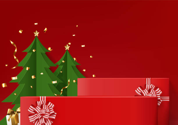 stockillustraties, clipart, cartoons en iconen met christmas 3d minimal rendered scene with gift box and podium platform. christmas background vector 3d with red podium. stand to show products. new year 3d showcase on pedestal red - christmas tree