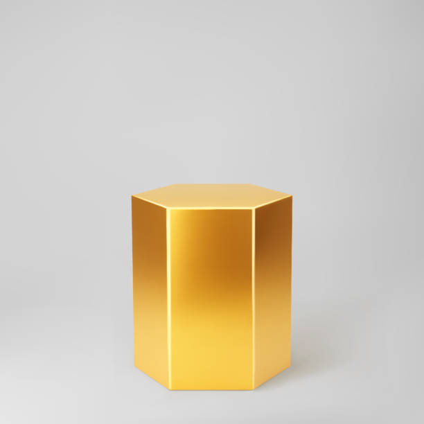istock Gold 3d hexagon podium with perspective isolated on grey background. Product podium mockup in hexagon shape, pillar, empty museum stage or pedestal. 3d basic geometric shape vector illustration 1354580511