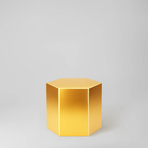 istock Gold 3d hexagon podium with perspective isolated on grey background. Product podium mockup in hexagon shape, pillar, empty museum stage or pedestal. 3d basic geometric shape vector illustration 1354580542