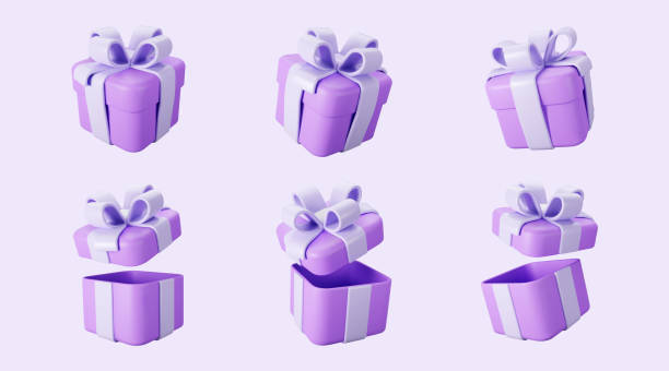3d紫色のギフトボックスは、光の背景に隔離されたパステルリボンの弓で開いて閉じたセット。現代の休日のサプライズボックスを飛ぶ3dレンダリング。誕生日や結婚式のバナーのための現実 - 3d点のイラスト素材／クリップアート素材／マンガ素材／アイコン素材