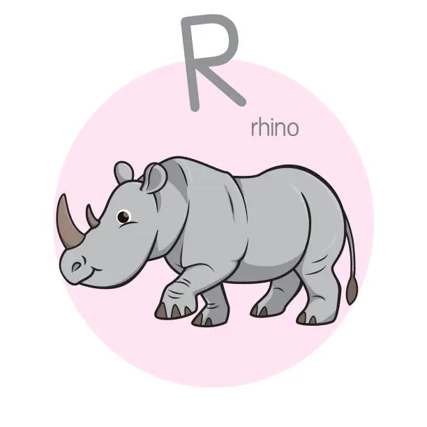 Vector illustration of Vector illustration of Rhino with alphabet letter R Upper case or capital letter for children learning practice ABC