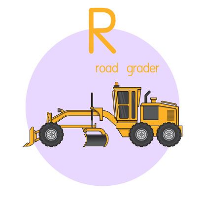 Vector illustration of Road grader with alphabet letter R Upper case or capital letter for children learning practice ABC