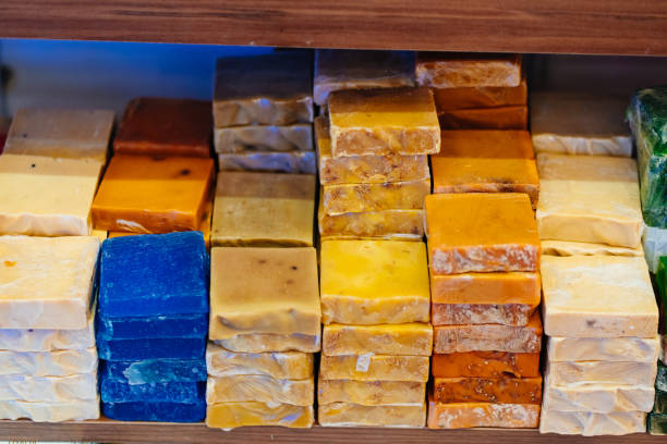 istock multi-colored natural soap on the shelf. cosmetics 1354582722