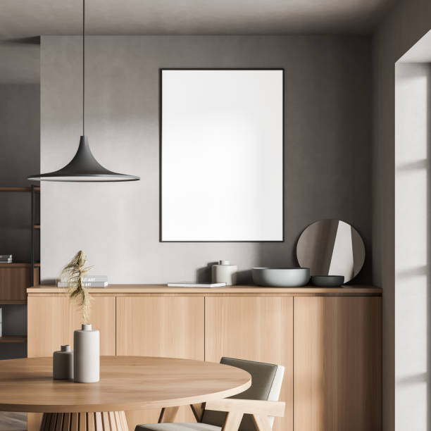 Poster in grey beige living room area with table