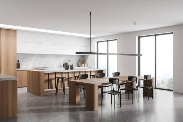 istock Corner of modern white kitchen with on trend light 1354583153