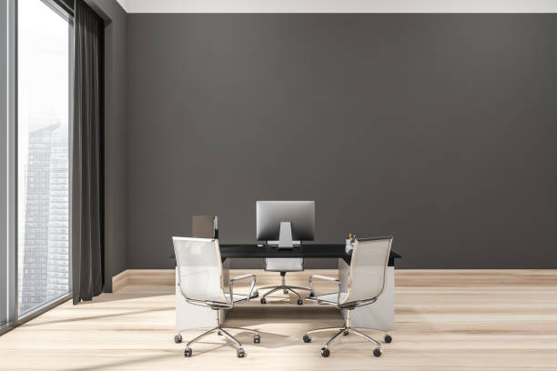 istock Grey manager office with seats for visitors 1354584067
