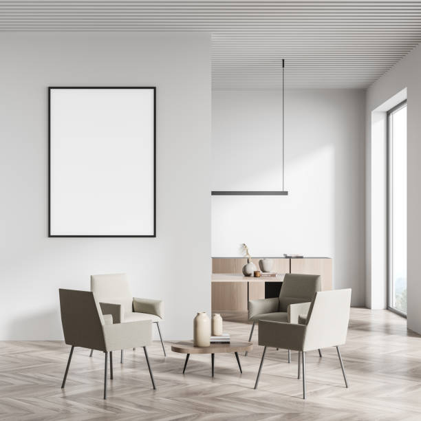 istock Light office room interior with four chairs and coffee table, mockup poster 1354584161