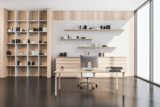 istock Creative light wood office with simple desk 1354584170