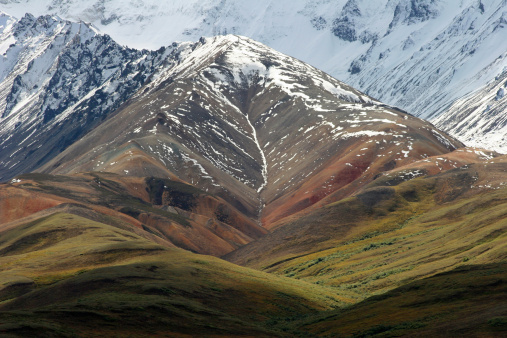 View of a pyramid shape colorful mountain, seen from Polychrome Pass, Denali National Park