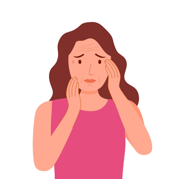Young woman worrying about her wrinkle on face in flat design. Wrinkle aging problem on female skin. vector art illustration