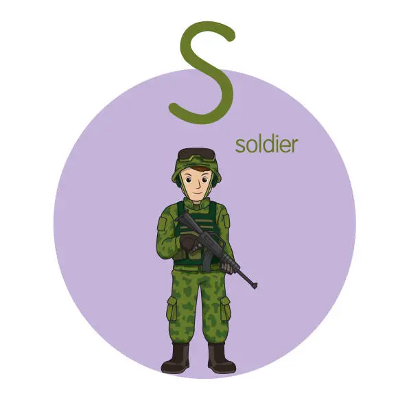 Vector illustration of Vector illustration of Soldier with alphabet letter S Upper case or capital letter for children learning practice ABC