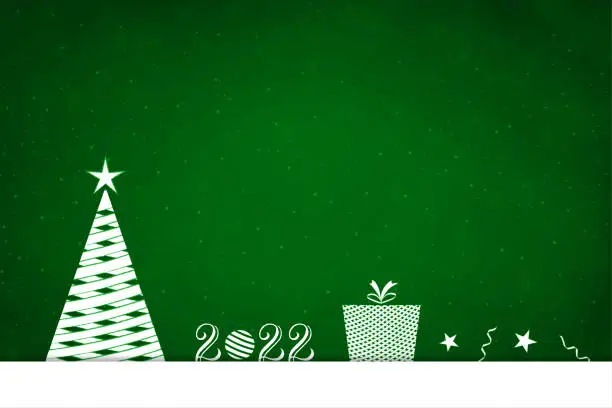 Vector illustration of Bright dark green coloured vibrant glittering vector  Christmas backgrounds with one white tree made of crisscross mesh, a present or gif and ornaments lined up like ball, bauble, swirl, star over white snow and creative calligraphy text 2022