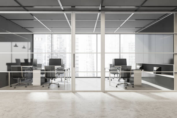istock Framed glass door of stylish grey panoramic office 1354585358