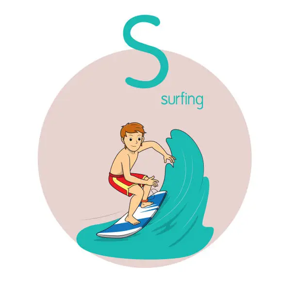 Vector illustration of Vector illustration of Surfing with alphabet letter S Upper case or capital letter for children learning practice ABC