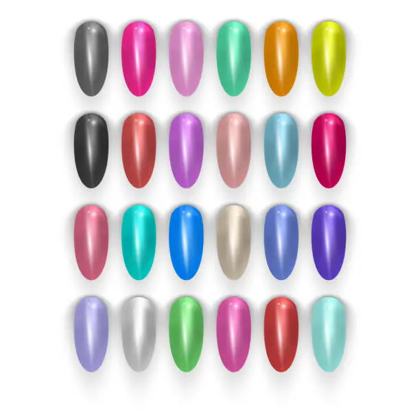 Vector illustration of Set of false nails for manicure and Tips. Varnish color palette for nail extension. Artificial nails on white