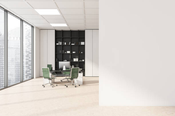 istock White wall of stylish workspace interior with green details 1354585811