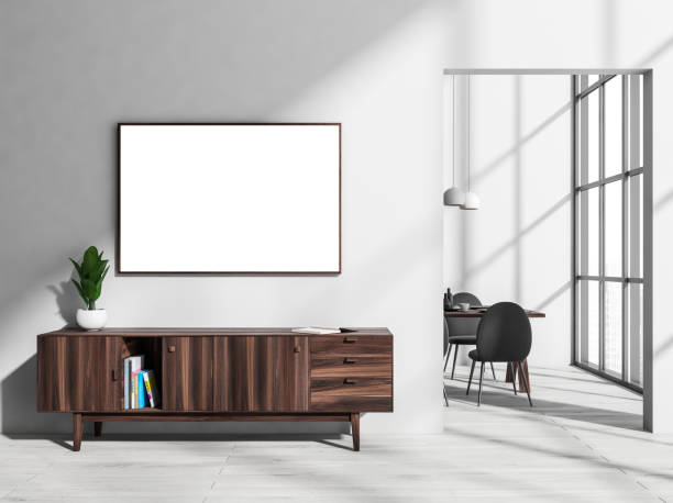 istock White dining room interior with drawer and window, mockup poster 1354586407