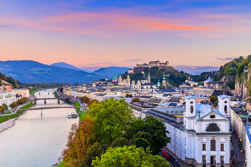 Salzburg, Austria. Panoramic view of Salzburg skyline with Festung Hohensalzburg.