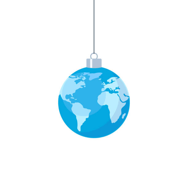 planet erde hängt als christbaumkugelschmuck - christmas ornament christmas blue decoration stock-grafiken, -clipart, -cartoons und -symbole