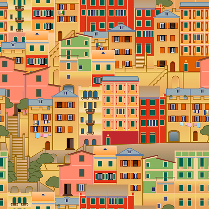 Old Mediterranean town. Seamless pattern. Vector illustration