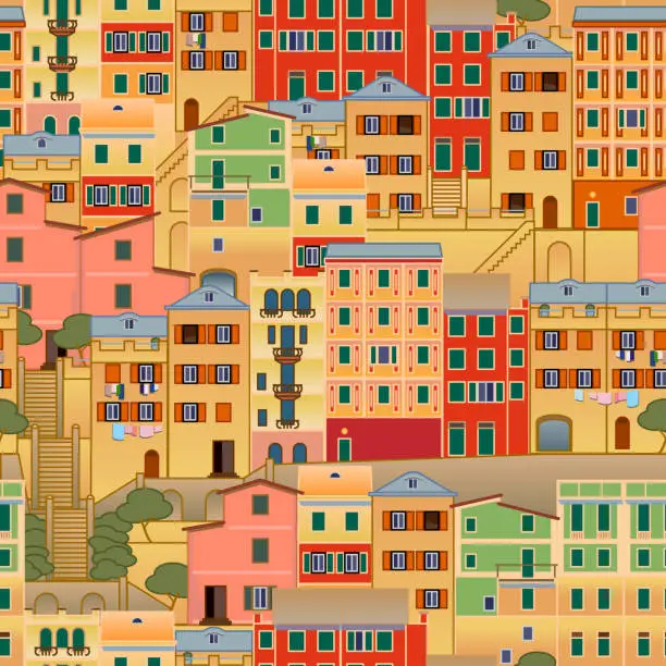 Vector illustration of Old Mediterranean town. Seamless pattern