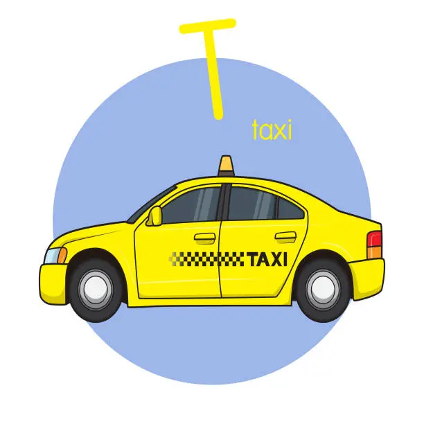 Vector illustration of Vector illustration of Taxi with alphabet letter T Upper case or capital letter for children learning practice ABC