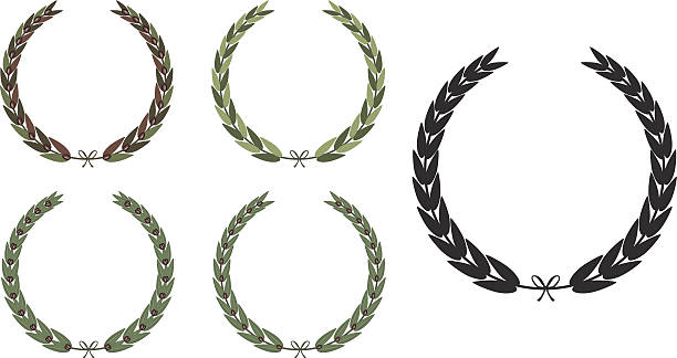 Olive Laurel Wreath Five beautifully done olive laurel wreaths; four in color variations and one as a black silhouette. laurel maryland stock illustrations