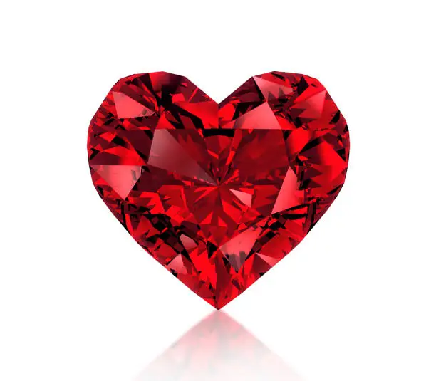 Red heart shaped diamond, isolated on white background. 3D render