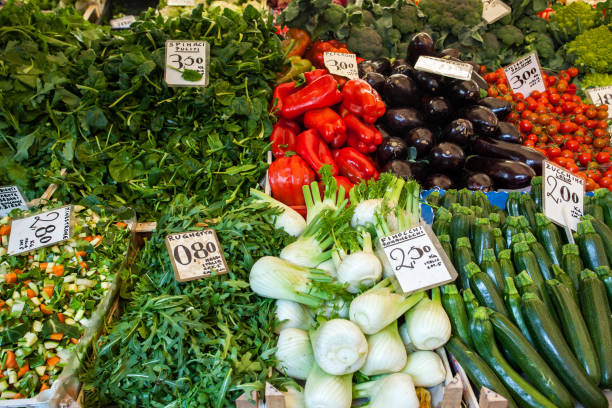 Various vegetables on street market stall, Rome, Italy