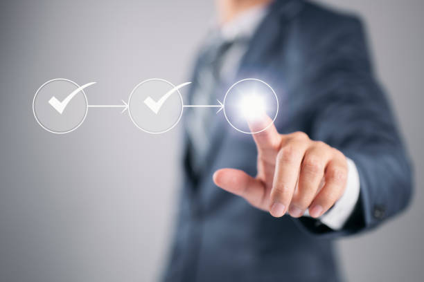 istock Flowchart with a businessman in the background highlighting a business process workflow and management approval. 1354589409