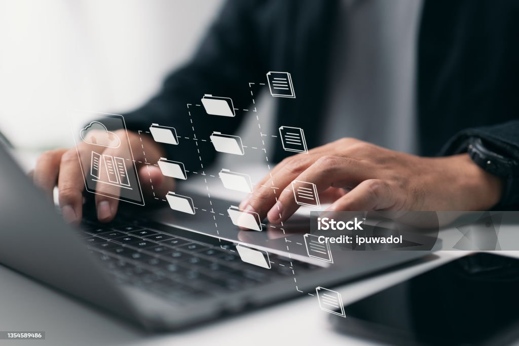 System for Document Management (DMS). Software that automates the archiving and management of data files. Concept of Internet Technology. Data Stock Photo