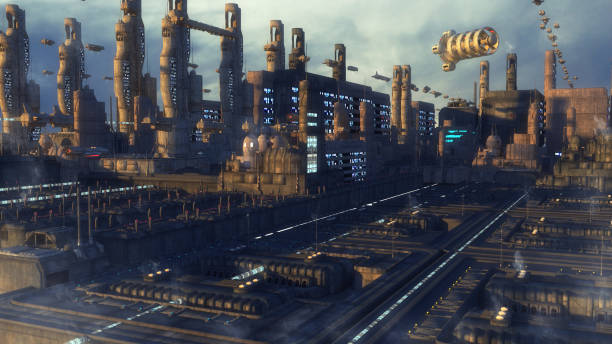 istock 3d rendering. Futuristic city and spaceships 1354590681