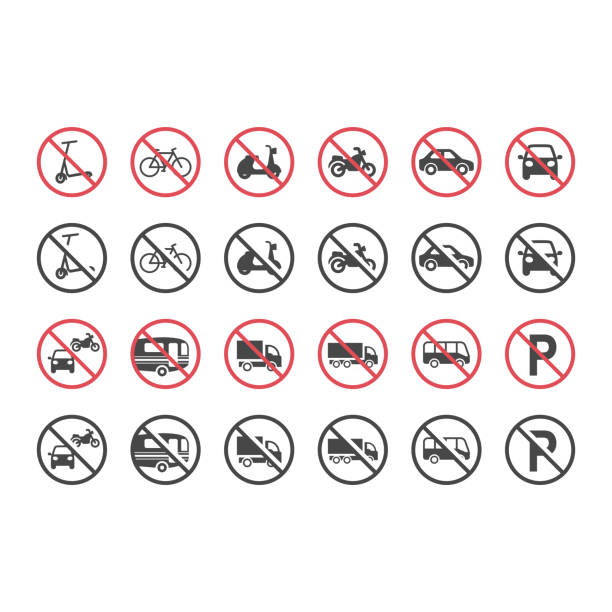 ilustrações de stock, clip art, desenhos animados e ícones de red prohibition motor vehicles sign set - vehicle trailer illustrations