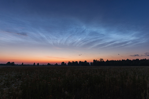 Noctilucent clouds on a summer night above p. Glowing clouds in the night sky.