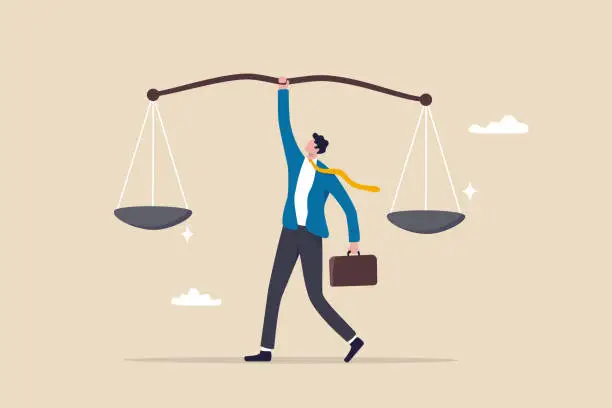 Vector illustration of Principles and business ethic to do right things, social responsibility or integrity to earn trust, balance and justice for leadership concept, confident businessman leader lift balance ethical scale.