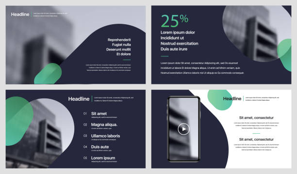 Set of vector slides. Set of vector slides for presentations and reports. Geometric elements with infographics in minimal design. Can be used for brochures, flyers, booklets, banners, web interfaces. modern magazine layout stock illustrations