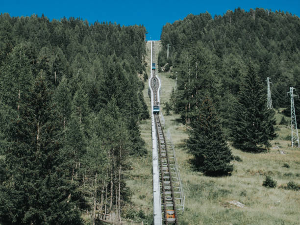 istock View of a funicular railway up a high hill, surrounded by lush pine trees. 1354611316