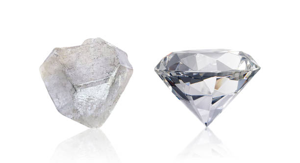 istock Dazzling diamond before and after uncut on white background 1354611939