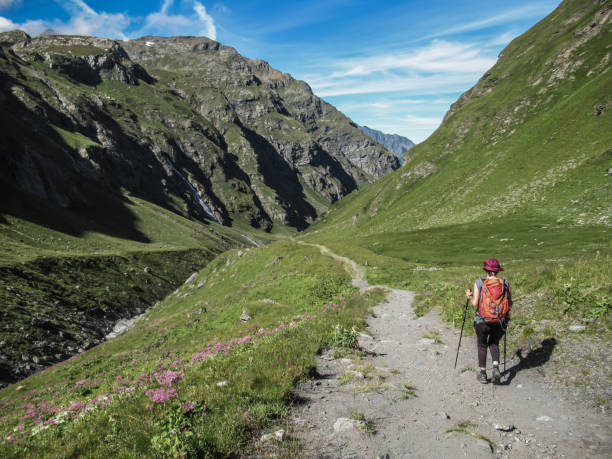 istock People walking along path between mountains on a hiking trip on a sunny day. 1354611987