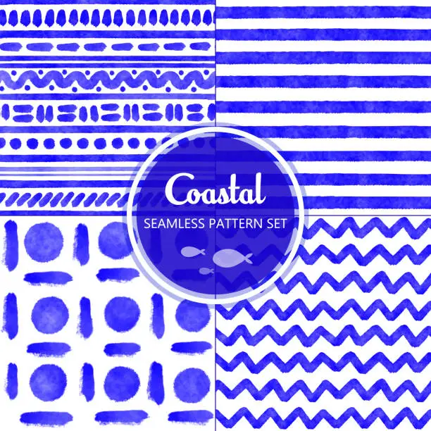 Vector illustration of Blue Watercolor Seamless Tribal Pattern Set. Hand Drawn Stripes, Waves and Circles Pattern Background. Coastal Summer Concept. Design Element for Greeting Cards and Labels, Marketing, Business Card Abstract Background.