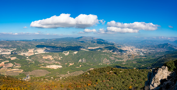 Alcoy or Alcoi village aerial view from La Font Roja Natural Park in Alicante Province of Spain