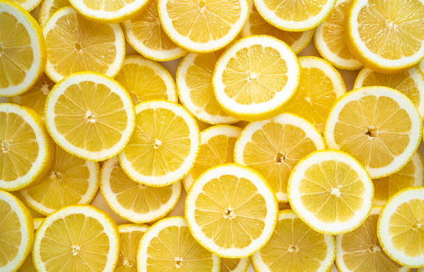 lemon fruit slices arrangement in a row full frame background - breakfast close up studio shot group of objects imagens e fotografias de stock