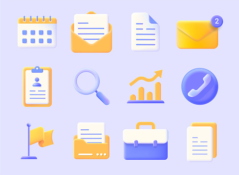 Realistic business icons. 3D calendar document form. Contact papers. Mail message. Envelope or call plastic sign collection. Isolated magnifier and note folders. Computer interface vector elements set