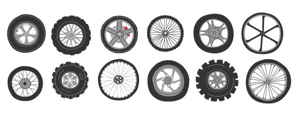 ilustrações de stock, clip art, desenhos animados e ícones de automobile wheels. doodle car tires. tractor and motorcycle disks. bicycle and light vehicle tyres set with different shapes and sizes. rubber rims. vector hand drawn transport elements - bicycle wheel tire spoke