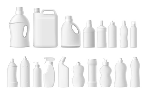 Household chemicals. Realistic cleaning and washing detergent blank bottles mockup. Dishwasher and liquid soap containers template. Plastic tubes stain remover. Vector cleansers set Household chemicals. Realistic cleaning and washing detergent white blank bottles mockup. Dishwasher and liquid soap containers template. Plastic tubes stain remover. Vector isolated cleansers set white plastic tube stock illustrations