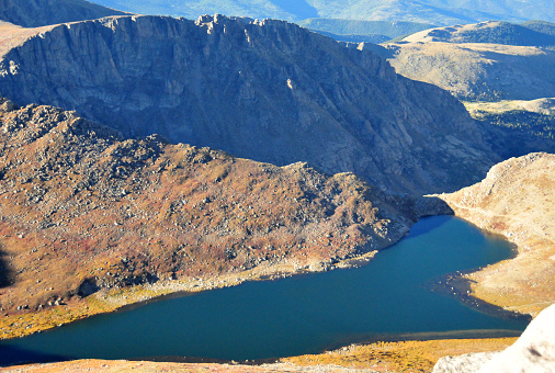 Mount Evans, Clear Creek County, Colorado, USA: Summit Lake seen from above - tarn lake sitting at 12,836 feet (3,912 m) altitude in a glacial cirque on the north face of Mount Evans and the east face of Mount Spalding - Summit Lake Park is a park located along Mount Evans Scenic Byway.