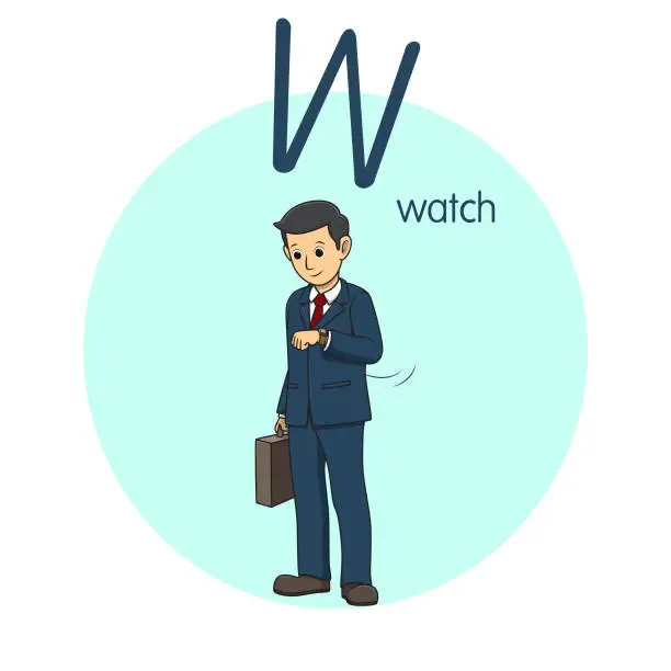 Vector illustration of Vector illustration of Watch with alphabet letter W Upper case or capital letter for children learning practice ABC