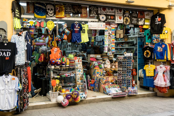 Barcelona, Spain- October 31, 2021. Souvenir and beach store in a seaside resort.