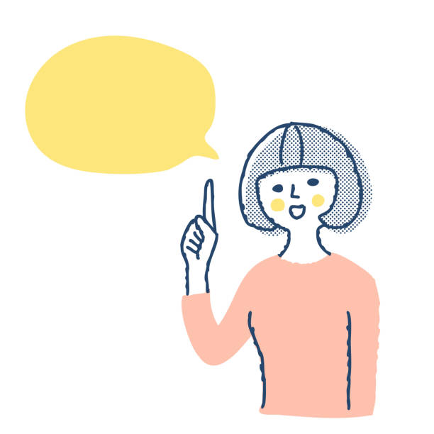 ilustraciones, imágenes clip art, dibujos animados e iconos de stock de mujer joven hablando en una pose de señalamiento burbuja de discurso - contar